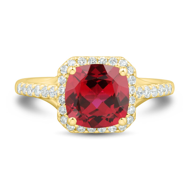 Lab Created Cushion-Cut Ruby and Lab Grown Diamond Ring in 10K Yellow Gold (1/3 ct. tw.)